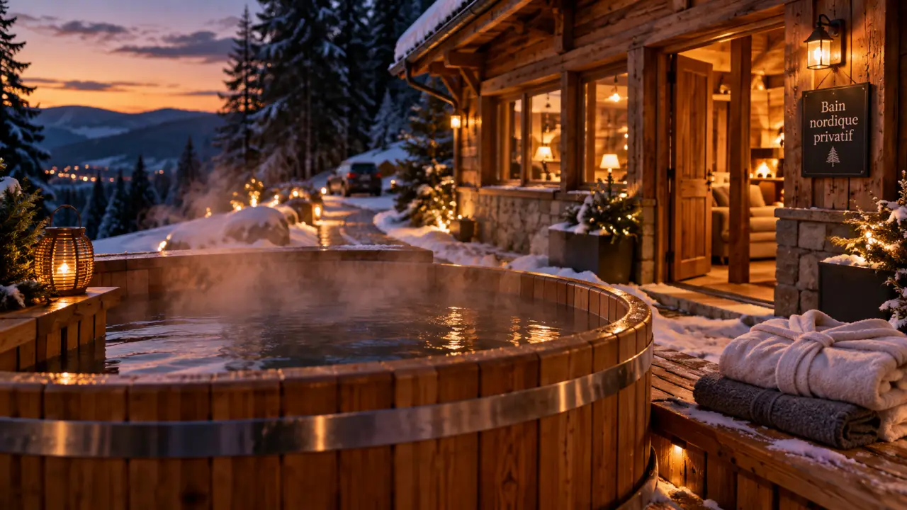 Chalet avec bain nordique privatif aux Vosges, vapeur et neige à la golden hour