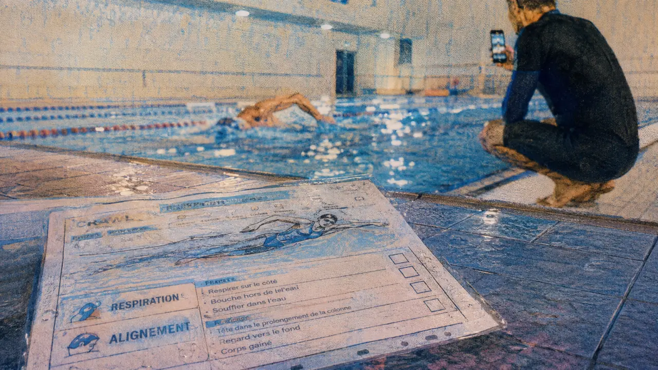 Coach sportif de natation près d’une séance, feuille de natation et nageur filmé