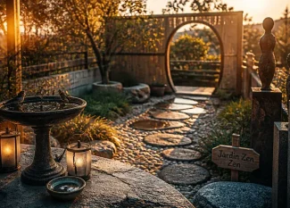 Décoration de jardin originale : jardin zen sur terrasse, mangeoire et lanternes