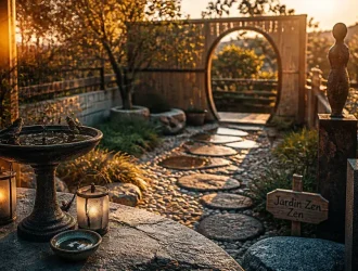 Décoration de jardin originale : jardin zen sur terrasse, mangeoire et lanternes
