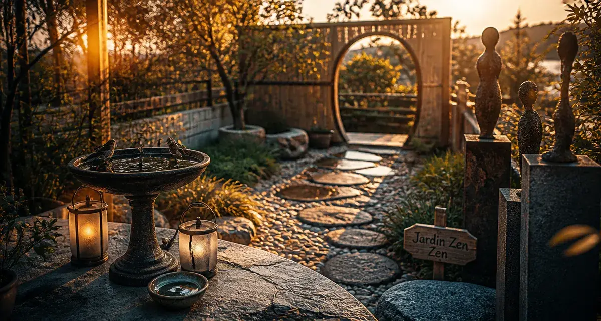 Décoration de jardin originale : jardin zen sur terrasse, mangeoire et lanternes