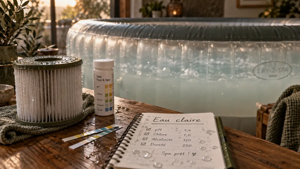 Eau trouble spa gonflable : cartouche de filtration et test d’eau