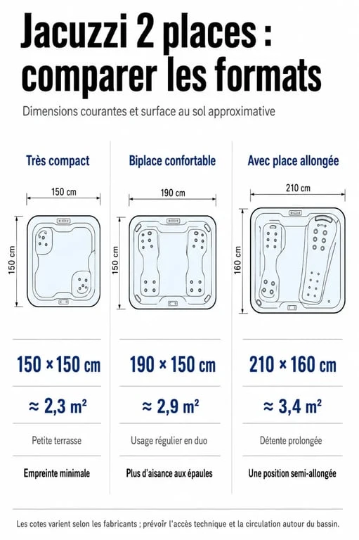 Comparatif d’un jacuzzi 2 places selon les dimensions, la surface au sol et les usages