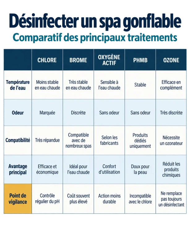 Comparatif visuel des produits pour spa gonflable selon le traitement de l’eau