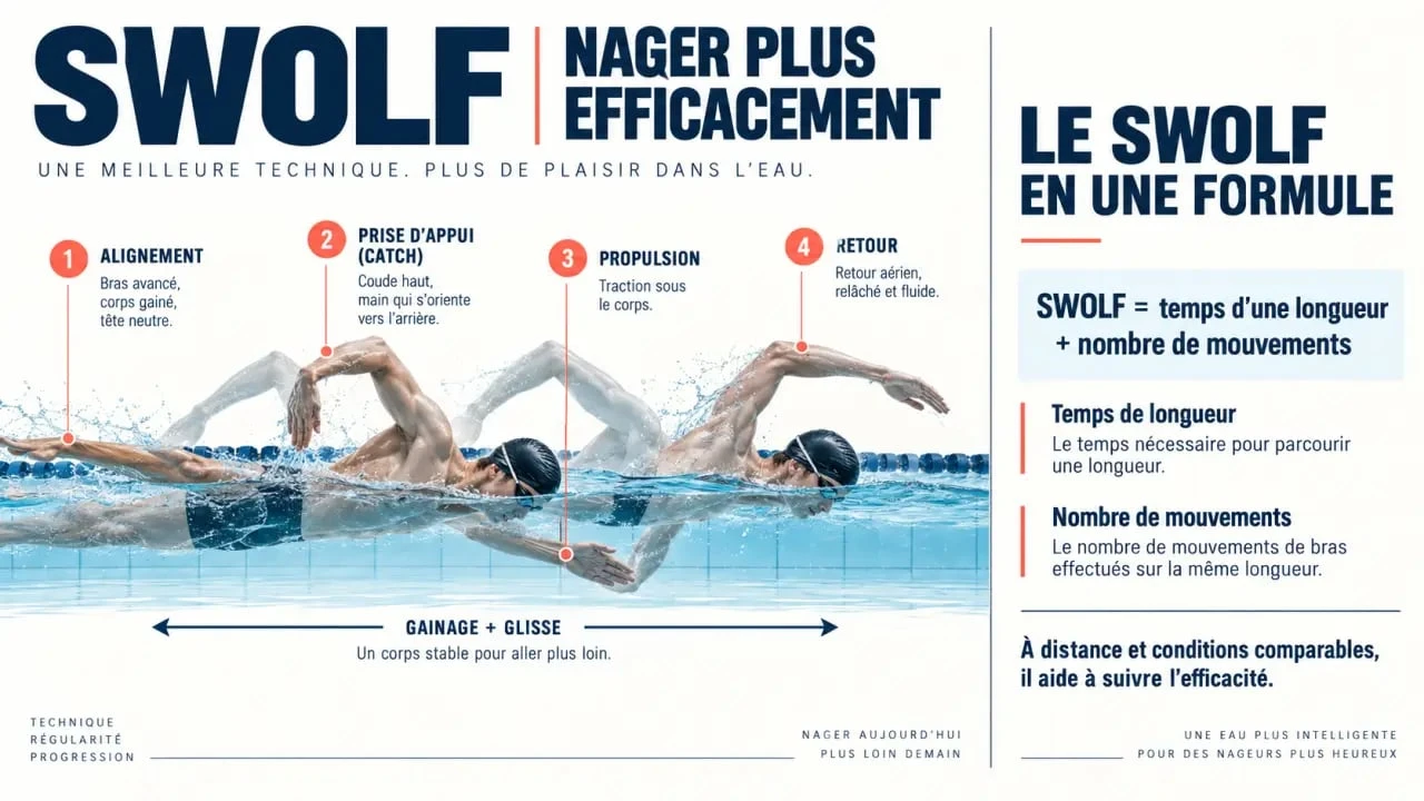 Infographie sur le SWOLF natation et les leviers techniques d'une nage efficace