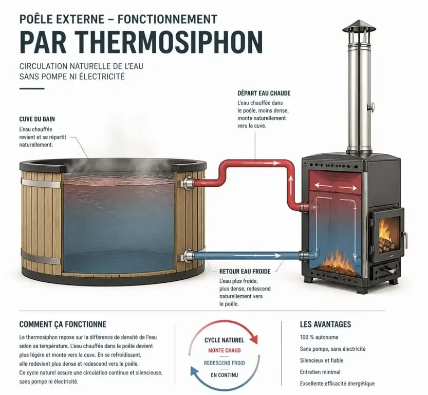 Schéma de fonctionnement d'un poêle externe pour bain nordique par thermosiphon