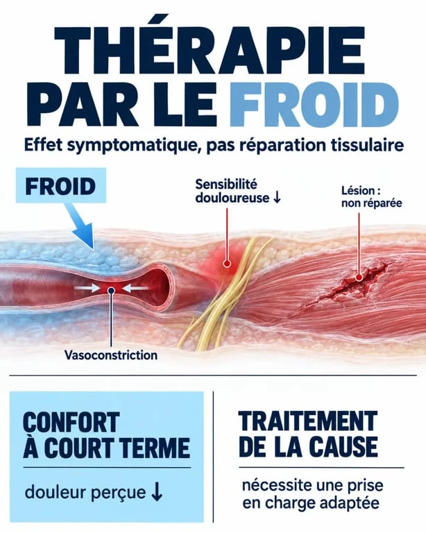 Thérapie par le froid : schéma de la vasoconstriction et du soulagement temporaire de la douleur
