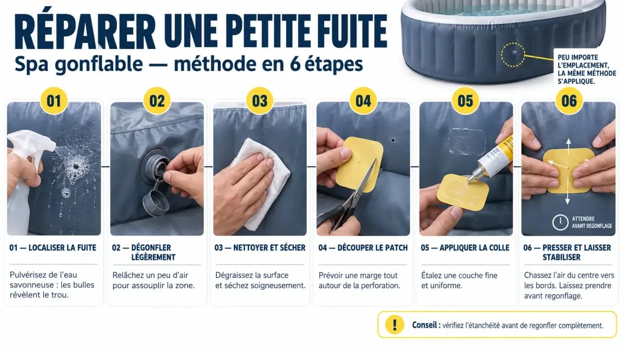 Étapes d'utilisation d'un kit réparation spa gonflable pour colmater une fuite
