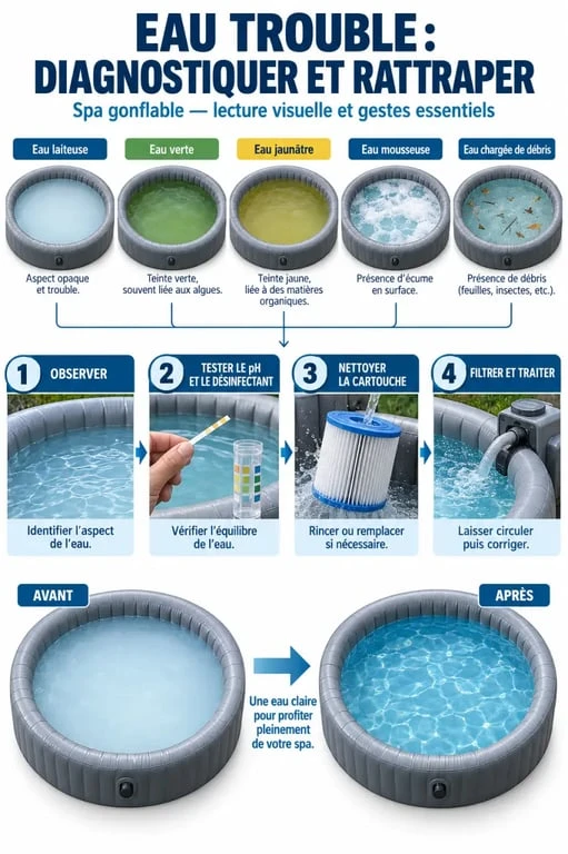 Diagnostic d’une eau trouble de spa gonflable selon sa couleur et sa texture