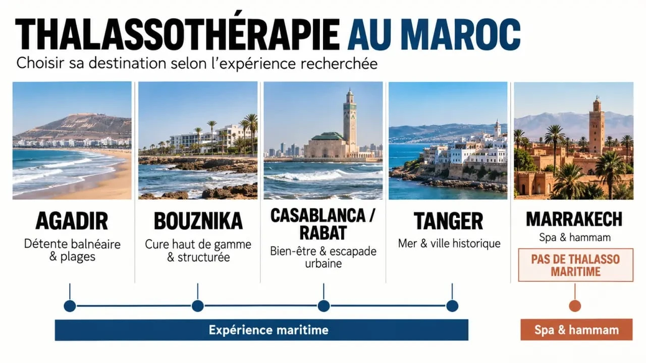 Infographie des destinations de thalassothérapie au Maroc : Agadir, Bouznika, Rabat, Casablanca, Tanger et Marrakech