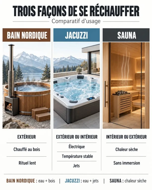 Infographie comparant un chalet avec bain nordique, jacuzzi et sauna