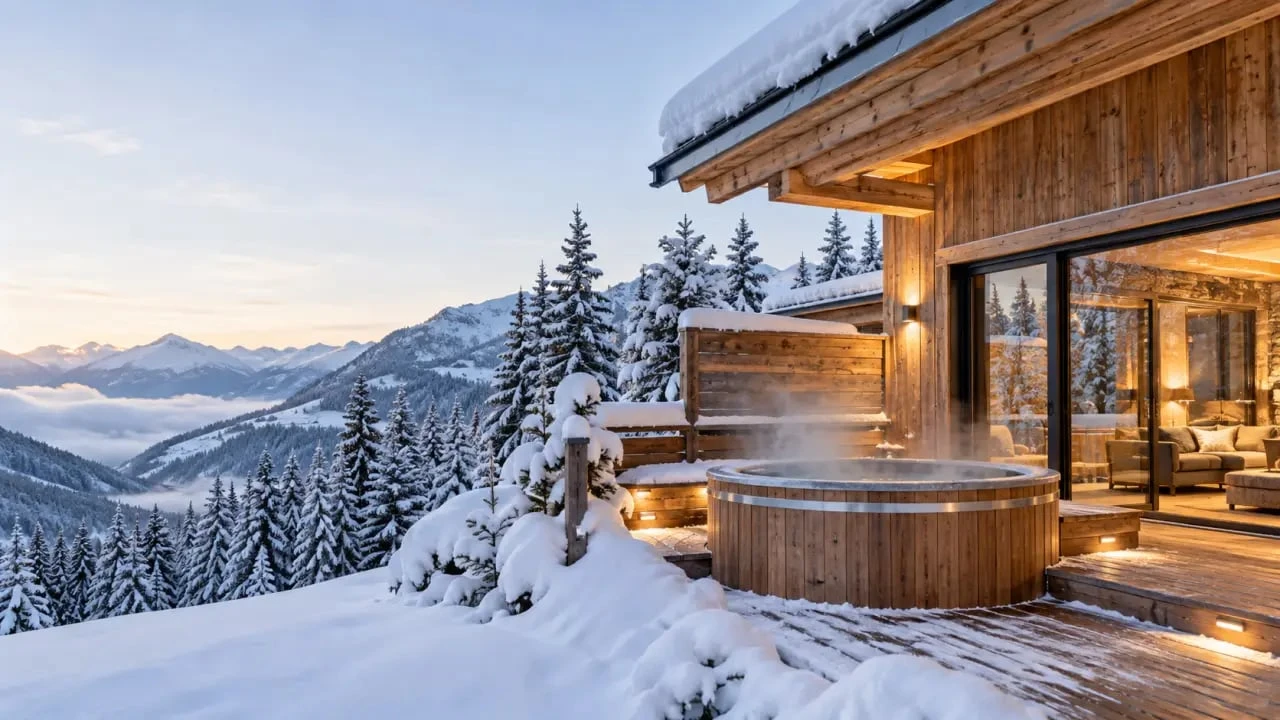 Chalet avec bain nordique privatif sur une terrasse en montagne en hiver