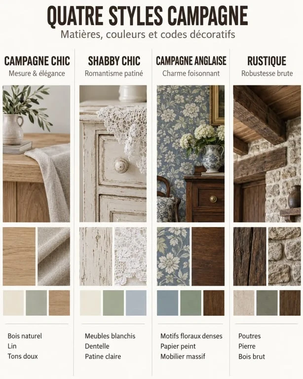Comparatif visuel des styles décoration campagne chic, shabby chic, campagne anglaise et rustique