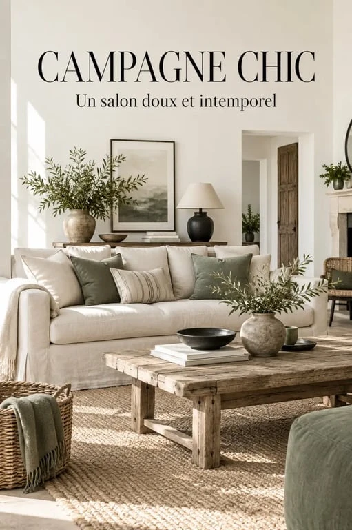 Salon lumineux en décoration campagne chic avec bois patiné, lin et osier