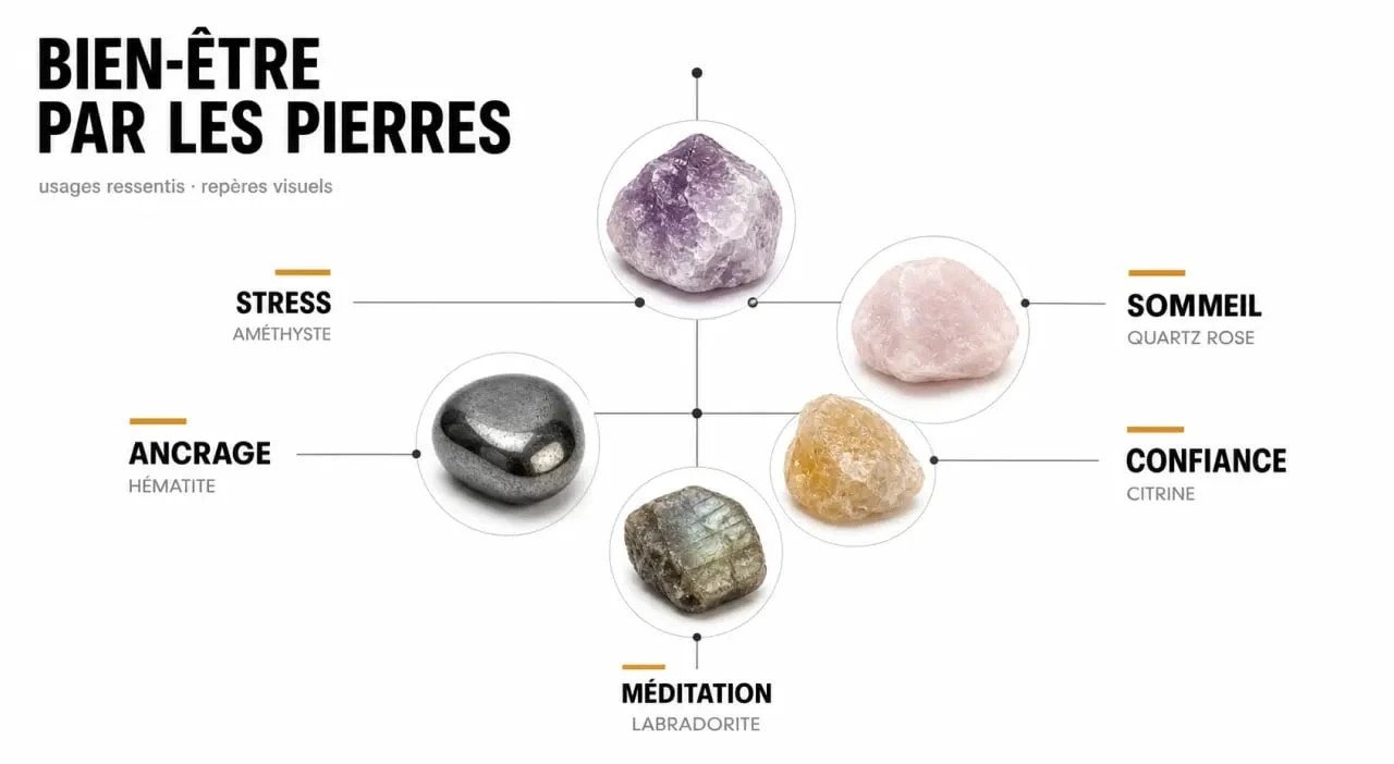 Bien être par les pierres : synthèse visuelle des pierres naturelles selon les besoins de stress, sommeil, confiance et méditation