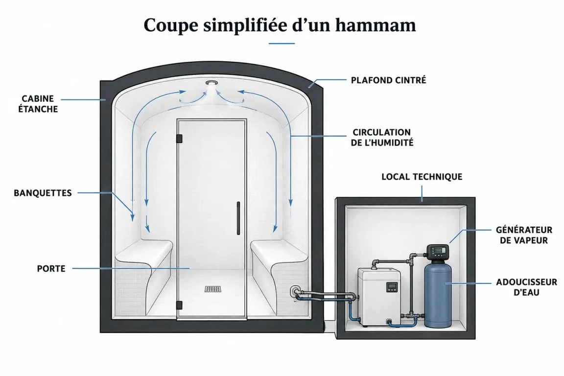 Cabine hammam schématisée avec générateur de vapeur et local technique