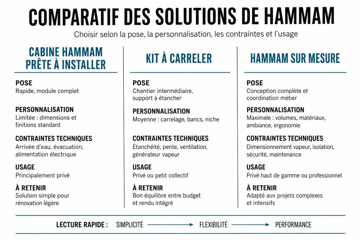 Cabine hammam comparée entre prête à installer, kit à carreler et sur mesure
