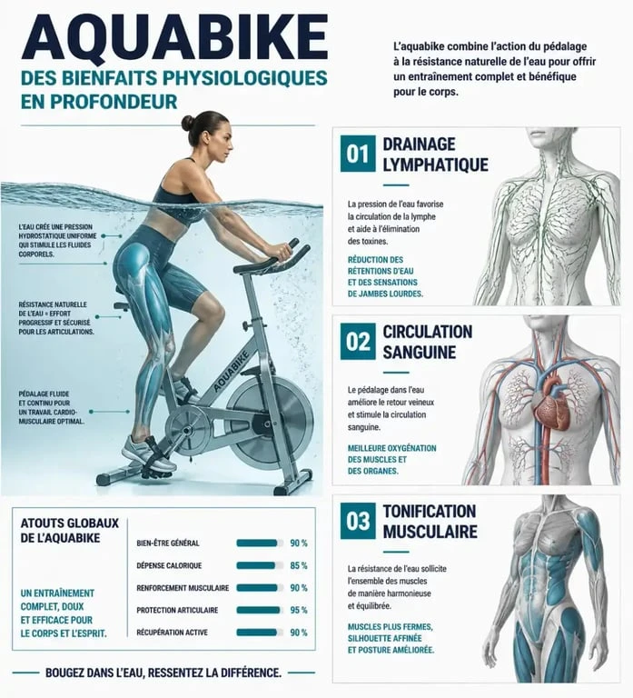 Infographie des bienfaits de l'aquabike sur la circulation et la silhouette