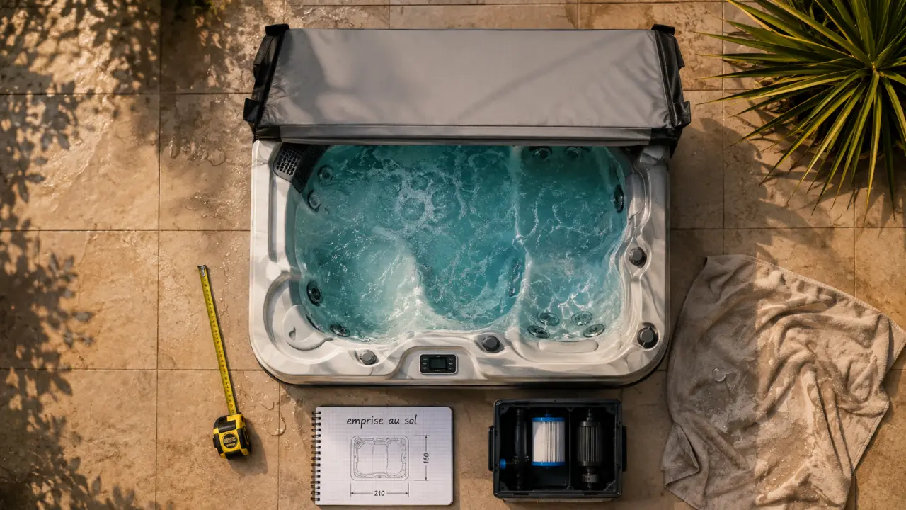 Jacuzzi 2 places sur terrasse, vue dimensions et confort