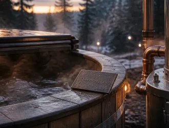 Poele bain nordique en acier avec tuyaux cuivre, chauffe vapeur au jardin
