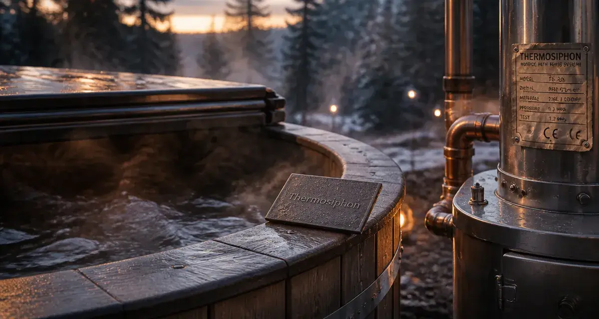 Poele bain nordique en acier avec tuyaux cuivre, chauffe vapeur au jardin