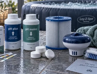 Produit pour spa gonflable : test pH, désinfectant et cartouche de filtration pour eau claire