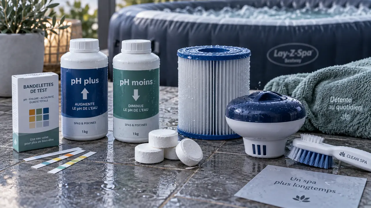 Produit pour spa gonflable : test pH, désinfectant et cartouche de filtration pour eau claire