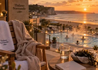 Thalassothérapie Normandie : piscine d’eau de mer chauffée vue mer, peignoir et serviette