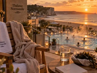 Thalassothérapie Normandie : piscine d’eau de mer chauffée vue mer, peignoir et serviette