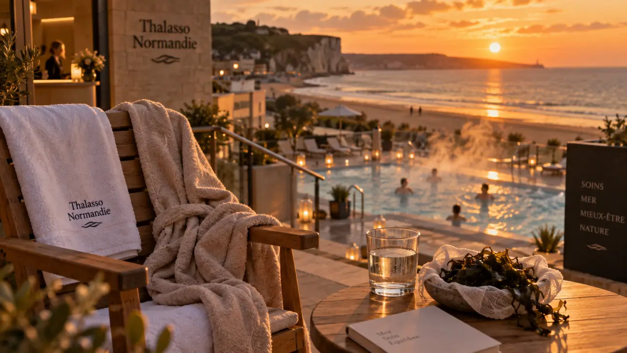 Thalassothérapie Normandie : piscine d’eau de mer chauffée vue mer, peignoir et serviette
