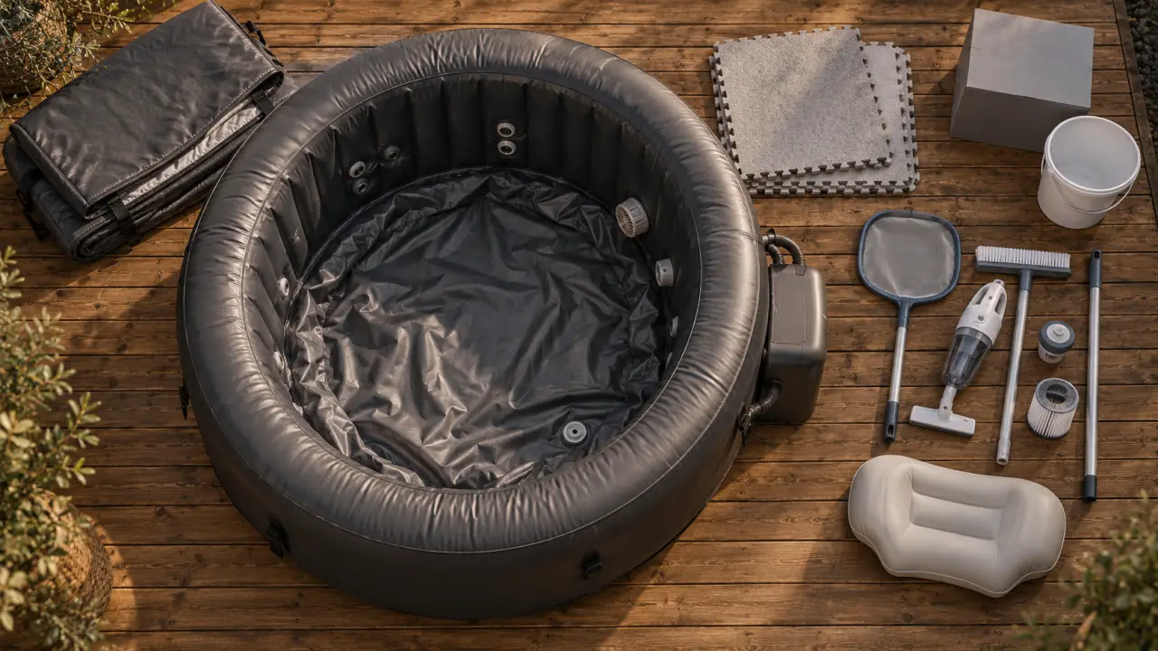 Accessoire spa gonflable : kit entretien, tapis sol et couverture thermique