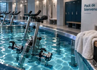 Aquabike bastille : vélo immergé dans une cuve bleutée