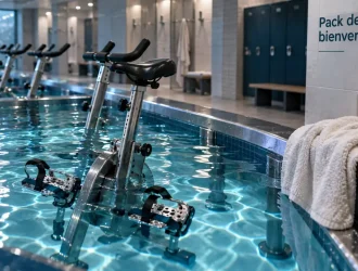 Aquabike bastille : vélo immergé dans une cuve bleutée