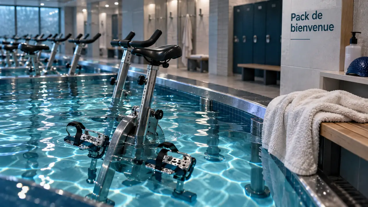 Aquabike bastille : vélo immergé dans une cuve bleutée