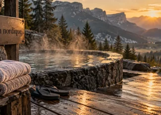 Bain nordique chartreuse : vue panoramique sur les montagnes, vapeur et pierres