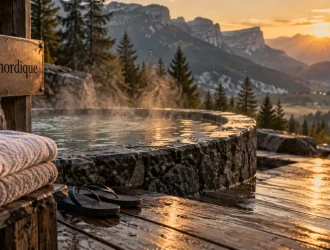 Bain nordique chartreuse : vue panoramique sur les montagnes, vapeur et pierres