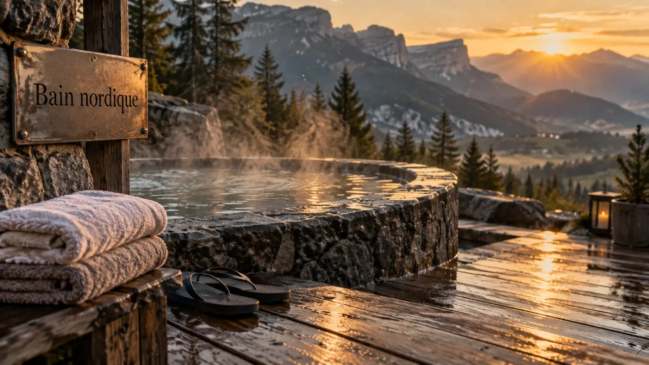 Bain nordique chartreuse : vue panoramique sur les montagnes, vapeur et pierres