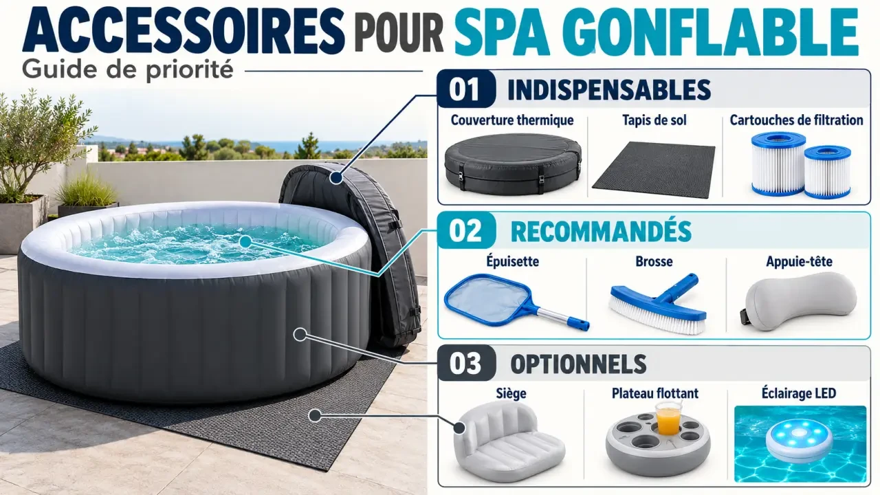 Accessoires pour spa gonflable classés par priorité : couverture, tapis de sol, entretien, confort et éclairage