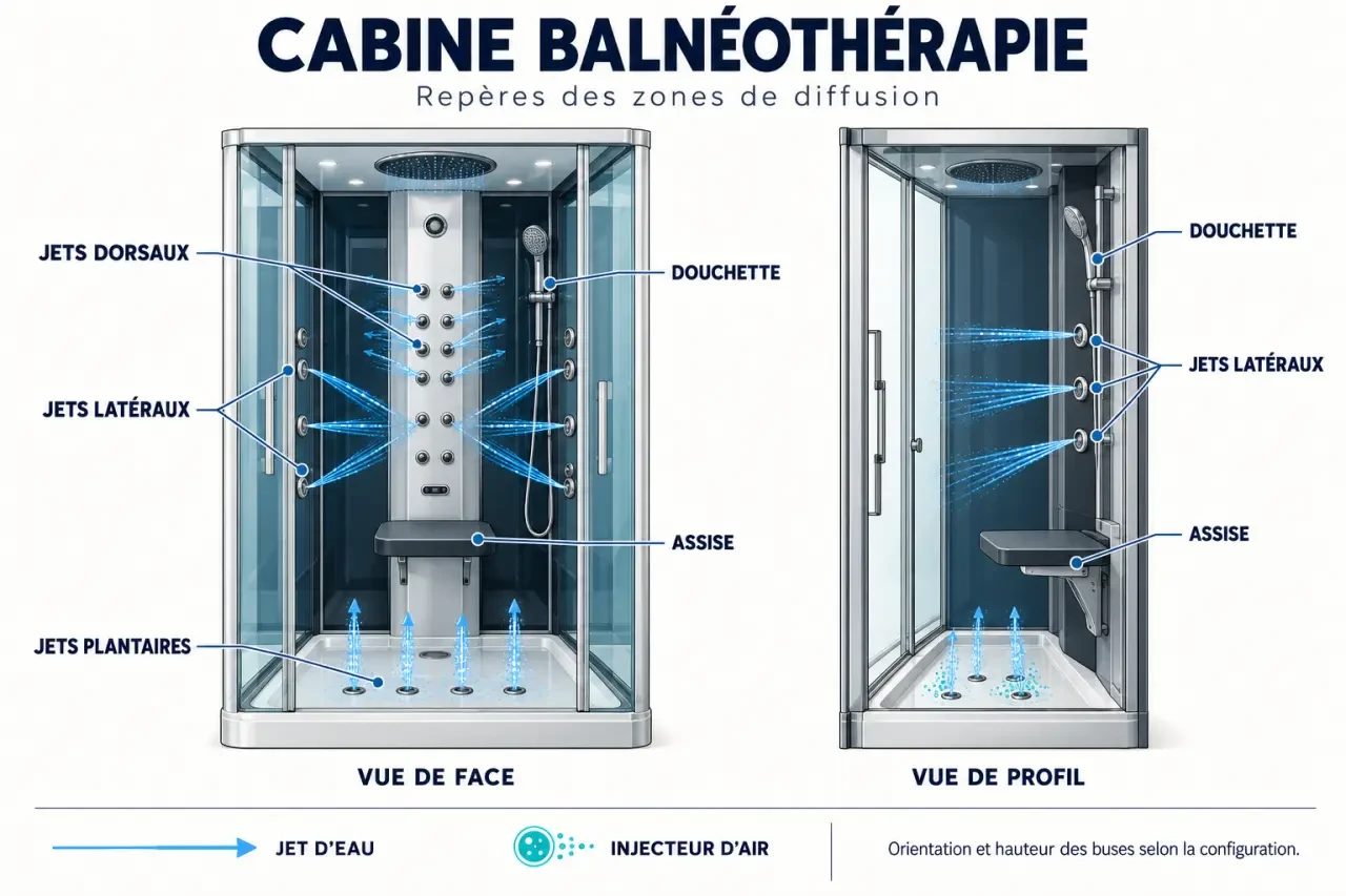 Schéma des zones de jets d’une douche balnéothérapie avec jets dorsaux, latéraux et plantaires