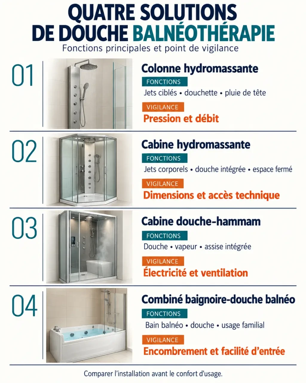 Infographie comparative des solutions de douche balnéothérapie et de leurs contraintes d’installation