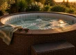 Habillage spa gonflable en polyrotin brun sur terrasse