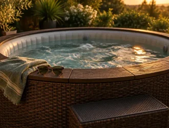 Habillage spa gonflable en polyrotin brun sur terrasse