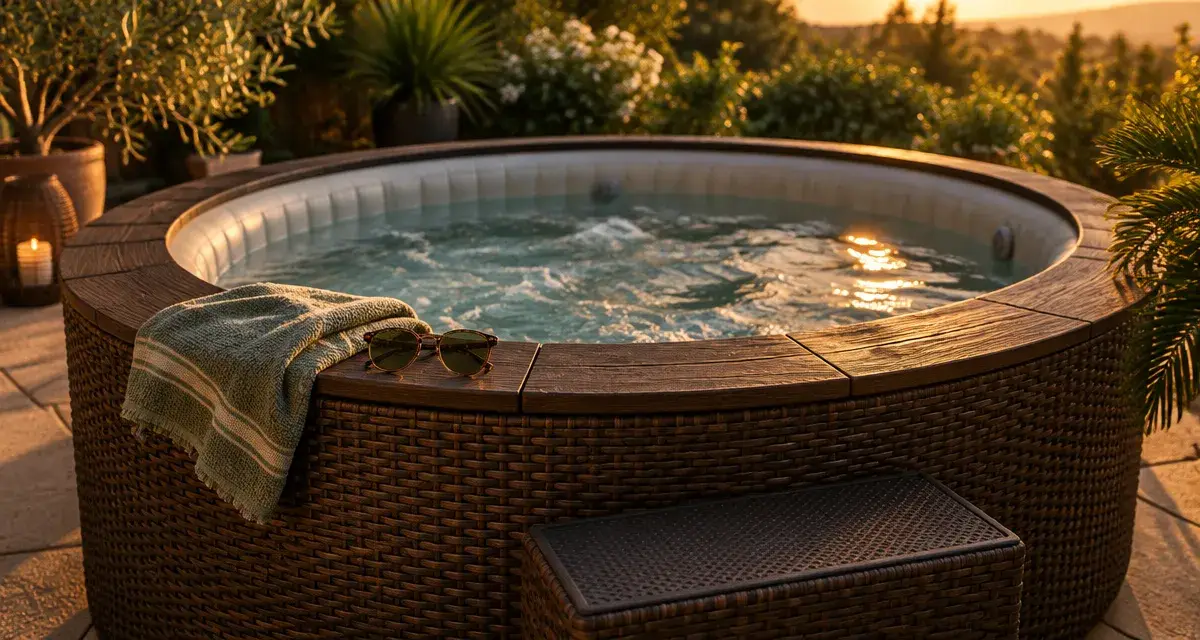 Habillage spa gonflable en polyrotin brun sur terrasse