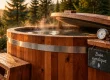 storvatt bain nordique en Red Cedar, couvercle entrouvert, jardin au coucher du soleil