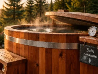 storvatt bain nordique en Red Cedar, couvercle entrouvert, jardin au coucher du soleil