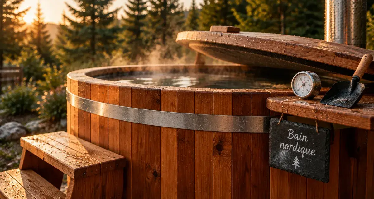 storvatt bain nordique en Red Cedar, couvercle entrouvert, jardin au coucher du soleil