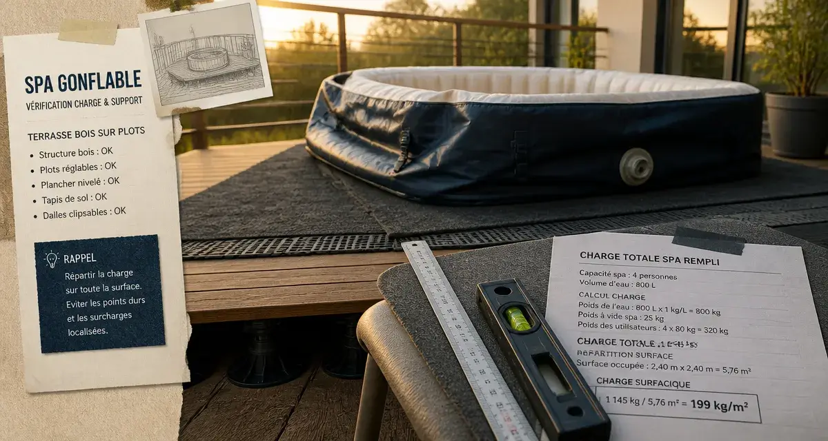 Terrasse spa gonflable : contrôle de pose et stabilité sur plots